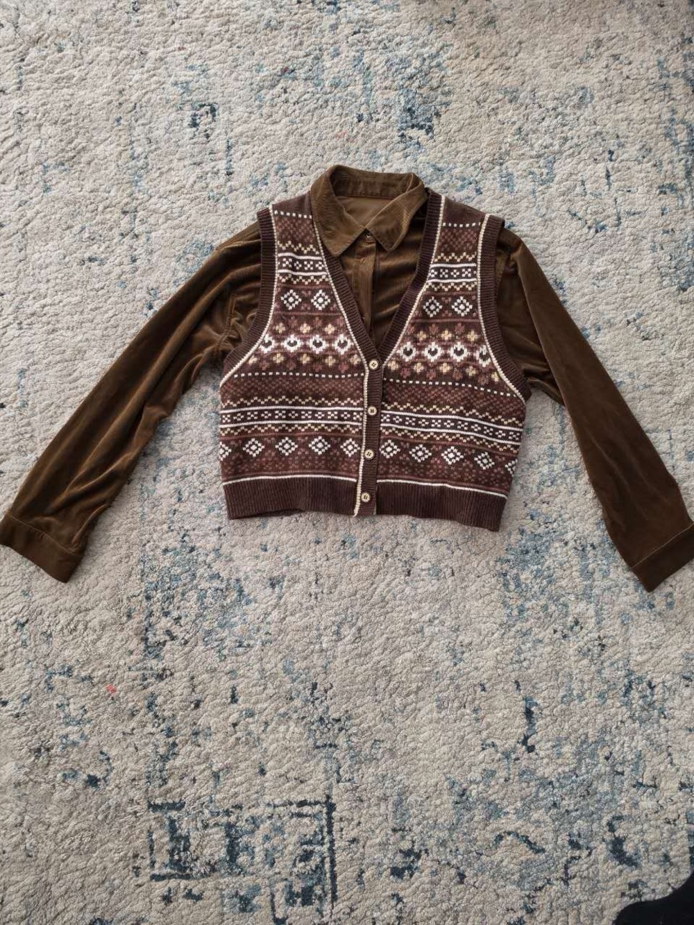 Brown Fair Isle Knit Button-Front Sweater Vest